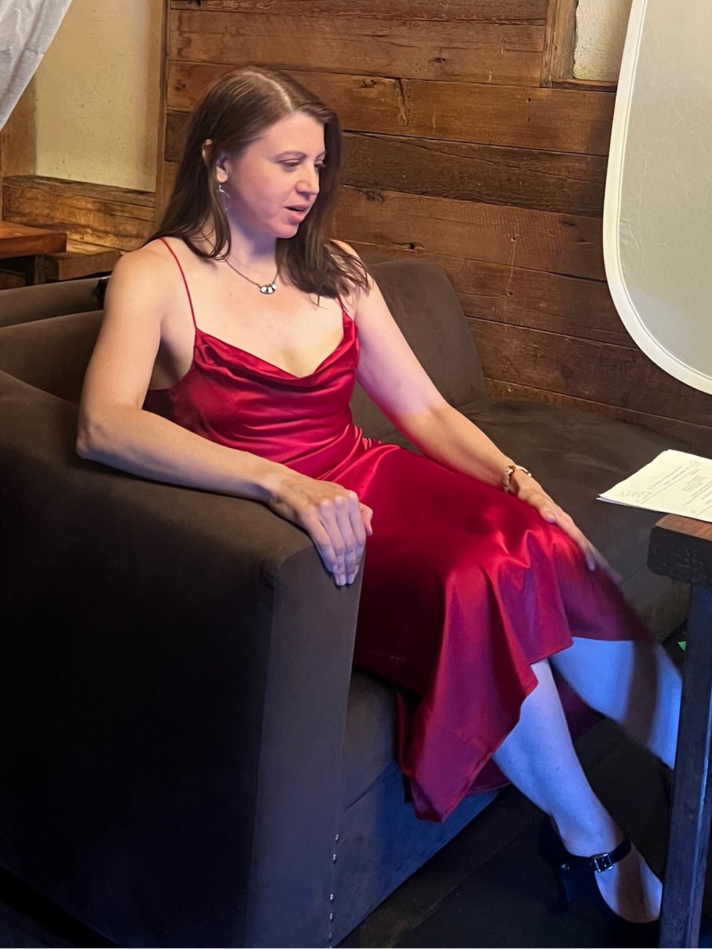Red Satin Slip Dress with Cowl Neck